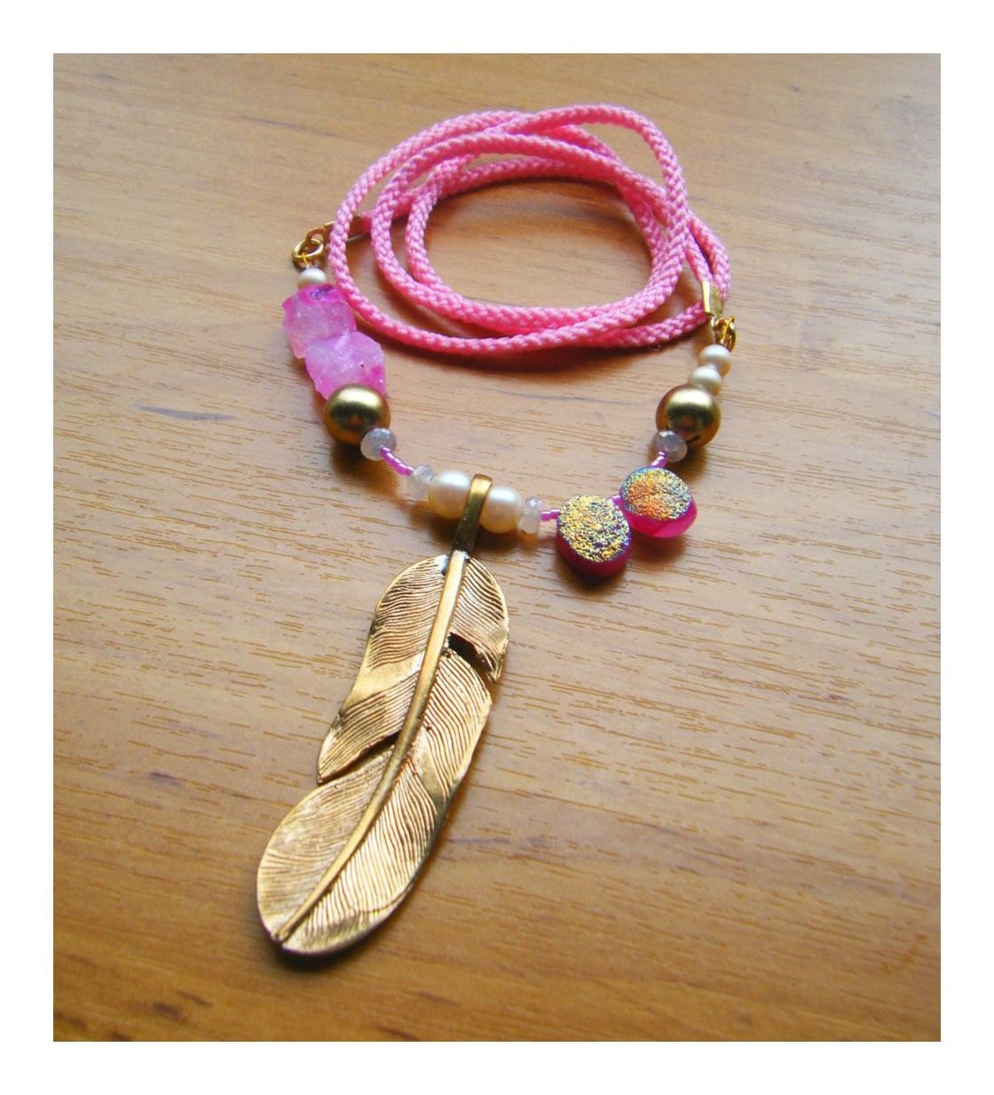 Only One - Long Necklace - Brass Feather Pendant with pink, gold, pearl and Light Pink Cord