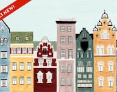 Scandinavian Architecture, Helsinki, Finland, Illustration Fine Art Print of Colorful Buildings and Row Houses for Wall and Home Decor