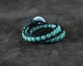 Bracelet Green Jade & Leather Cord: "Double Your Pleasure"