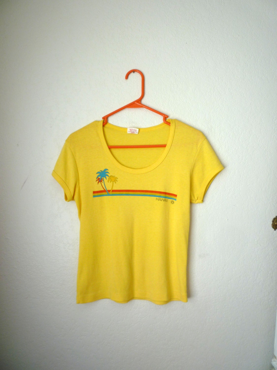 Vintage Soft Thin Yellow 70's Rainbow Hawaii Tee, Women's Size Medium