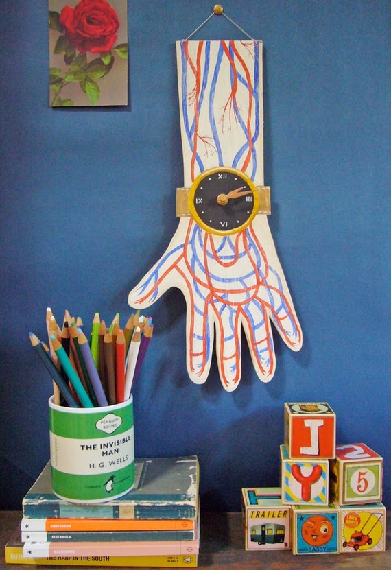 OOAK Hand painted wooden clock hand-- arteries and veins