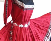 L - XL Vintage 50's Patio Squaw Western Dress w Thunderbird Belt Full Skirt VLV