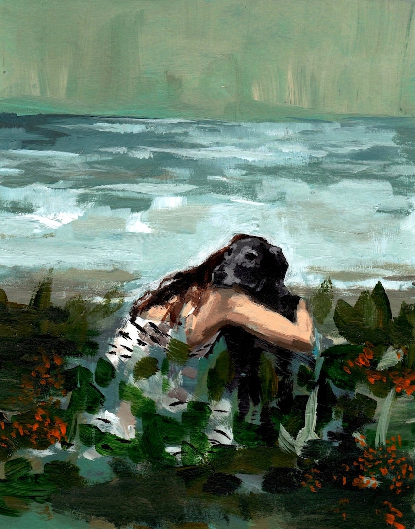 Lost and Found . giclee art print of girl and black lab painting . 8 x 10 on 8.5 x 11 paper