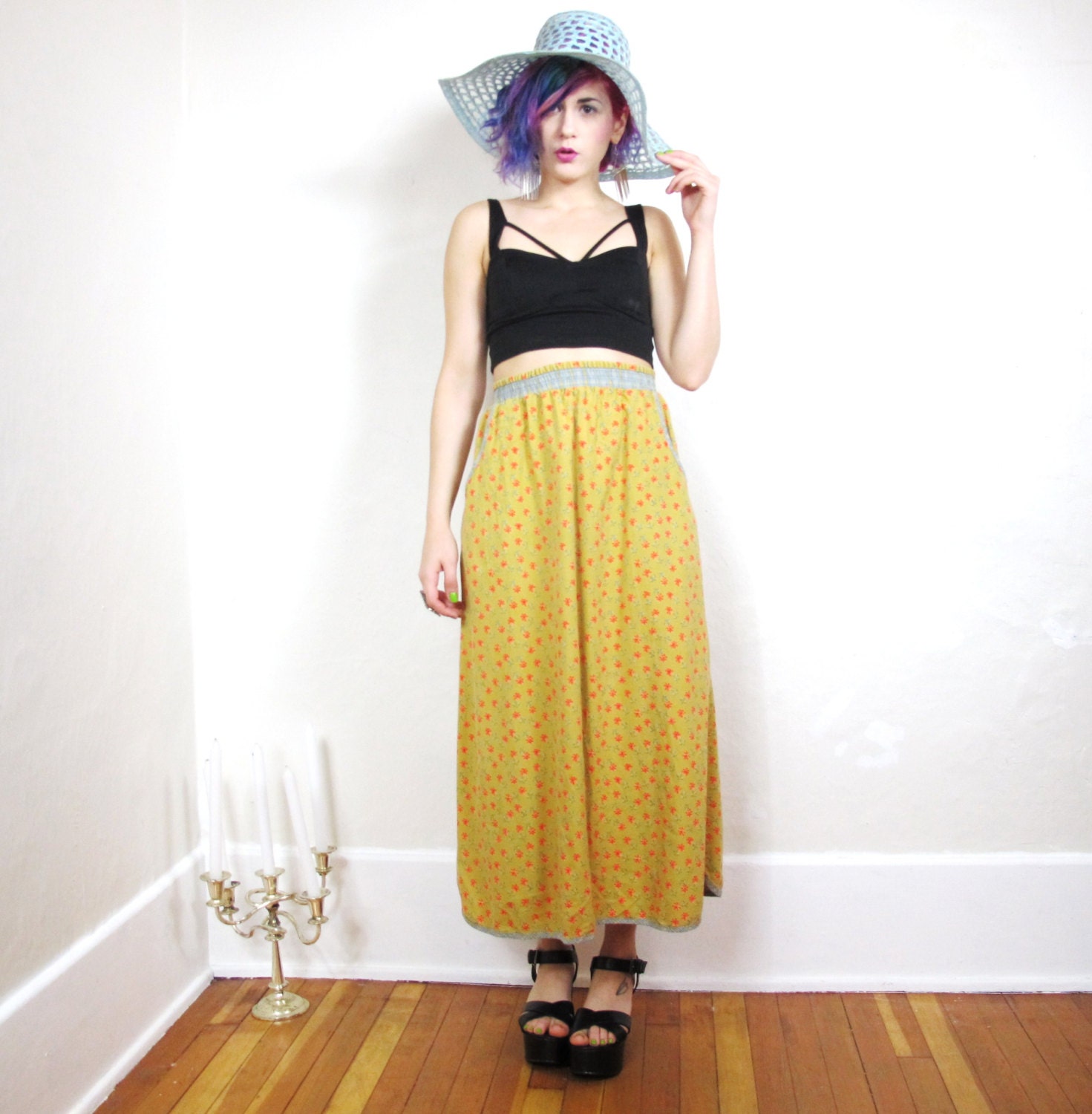 Yellow Country Floral Prairie Pocket Skirt (S/M/L)