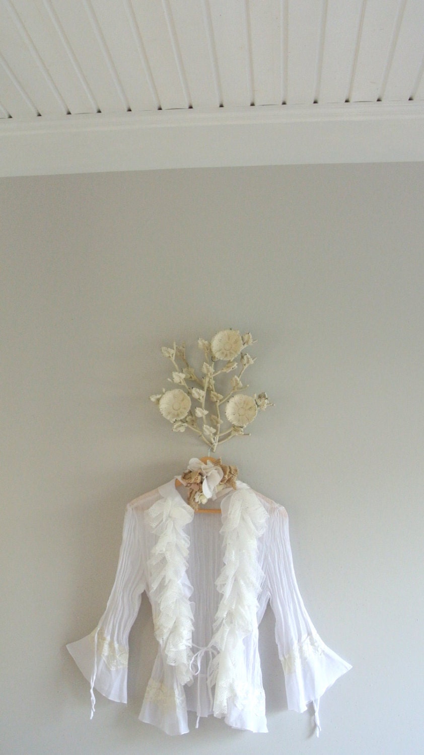 Women's top, Altered couture, tattered boho, shabby gypsy cowgirl ruffle shirt, romantic crinkle, ecru, white, clothing, True rebel clothin