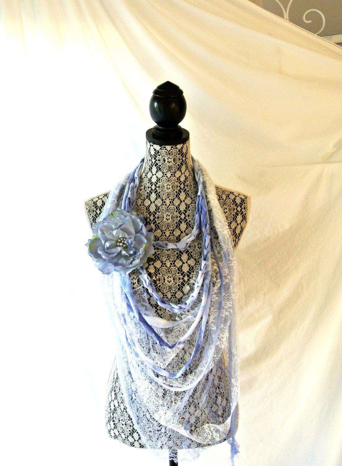 boho rag bib necklace, gypsy rose statement necklace, women's fabric necklace,bohemian necklace jewelry, beach blue, true rebel clothing