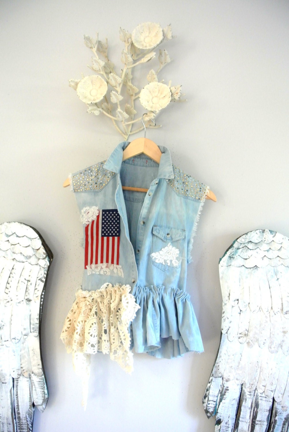 Americana top, bohemian gypsy denim shirt, boho patriot, Country chic clothing, ruffle tank, romantic, Memorial Day, true rebel clothing SM