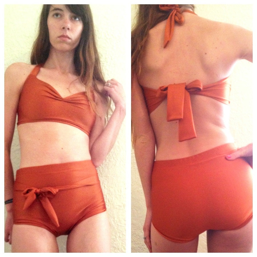 Retro Style Bathing Suit Shown in Shiny Spice