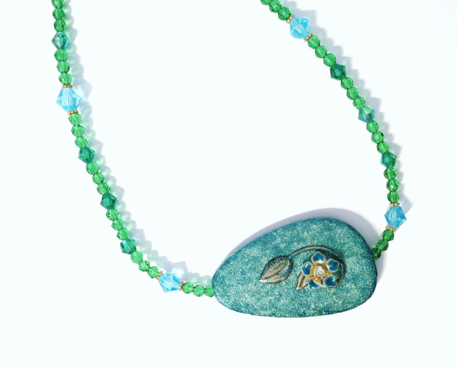 Teal Crystal Necklace with Upcycled Floral Pendant - One of a Kind, Unique Gift in Teal Green Turquoise Blue Gold Aqua