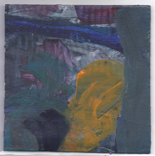 Original Dark Blue and Grey Abstract Painting titled Night Jungle, Acrylic Painting on Cardboard by Rina Miriam Drescher - rinamiriam