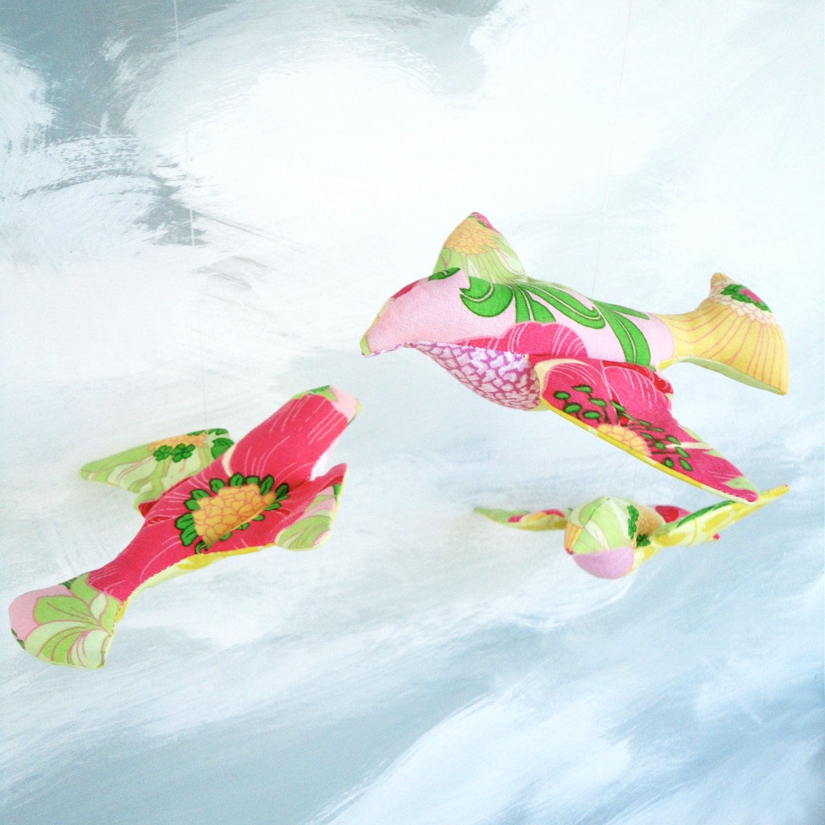 garden floral fabric birds - hanging set of 3