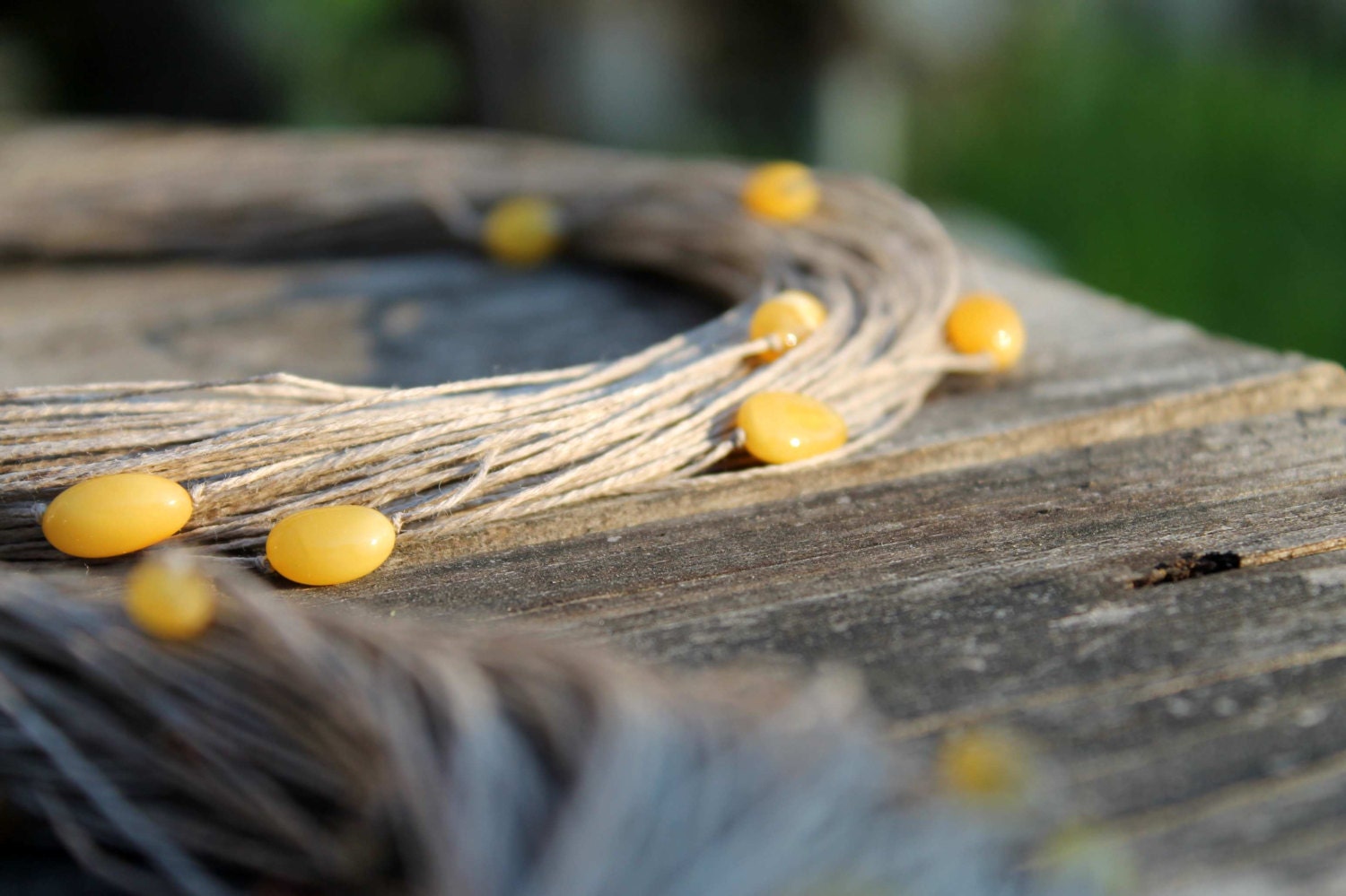 Organic Linen Necklace with Yellow Baltic Amber Natural Raw Multi Strand Rustic Eco Wedding Jewelry Earthy Colors Ecologic Fiber Mellow