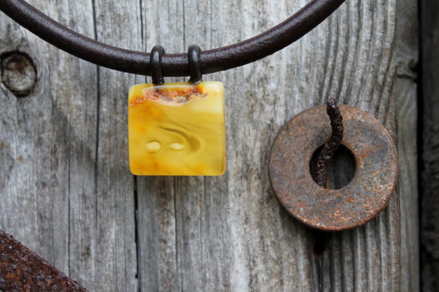 Geometric Pendant For Dude Yellow Amber Rustic Leather Necklace Square Butterscotch Men Jewelry Minimalist Pure Natural Zen For Him Dad - DreamsFactory