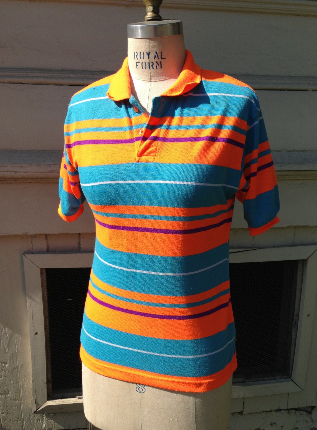 Fun 80s NEON stripe POLO tshirt top orange turq