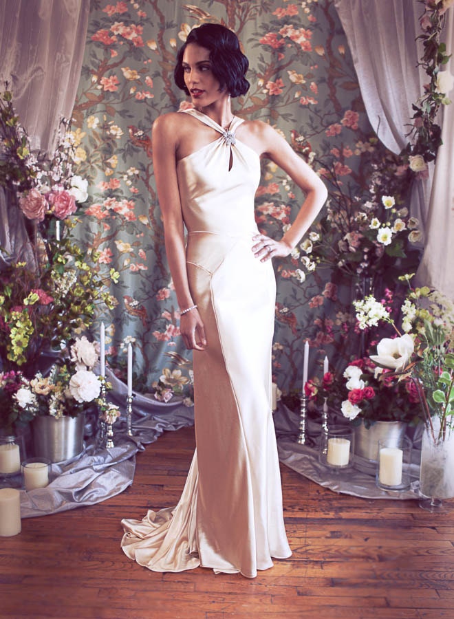 Asymmetric Halter Mermaid, 1930s Art Deco inspired Bias Gown with Low-cut Back, Silk Satin, Made in New York City, The "Harper"