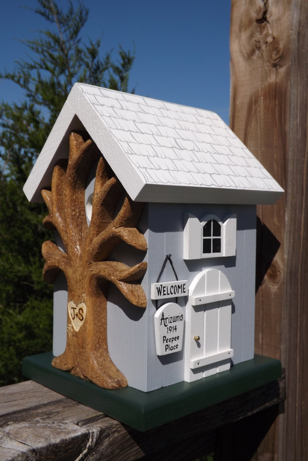Birdhouse Keepsake Box Cottage Personalized with Heart Carved Tree