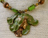 Island Girl Necklace with Vintage Brass Leaf Maiden Pendant, Green Czech Glass and Vintage Brass Beads Warm Copper Tones