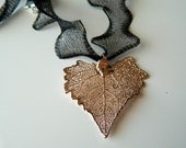 Rose Gold Cottonwood Leaf on Black Mesh Necklace