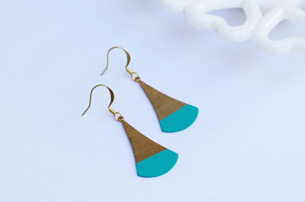 Teal Color Dipped Flat Brass Dangle Earrings
