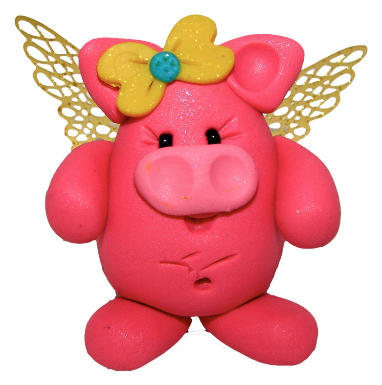 CHUBBY FLYING PIG with Golden Wings - Polymer Clay Animal - Made to Order