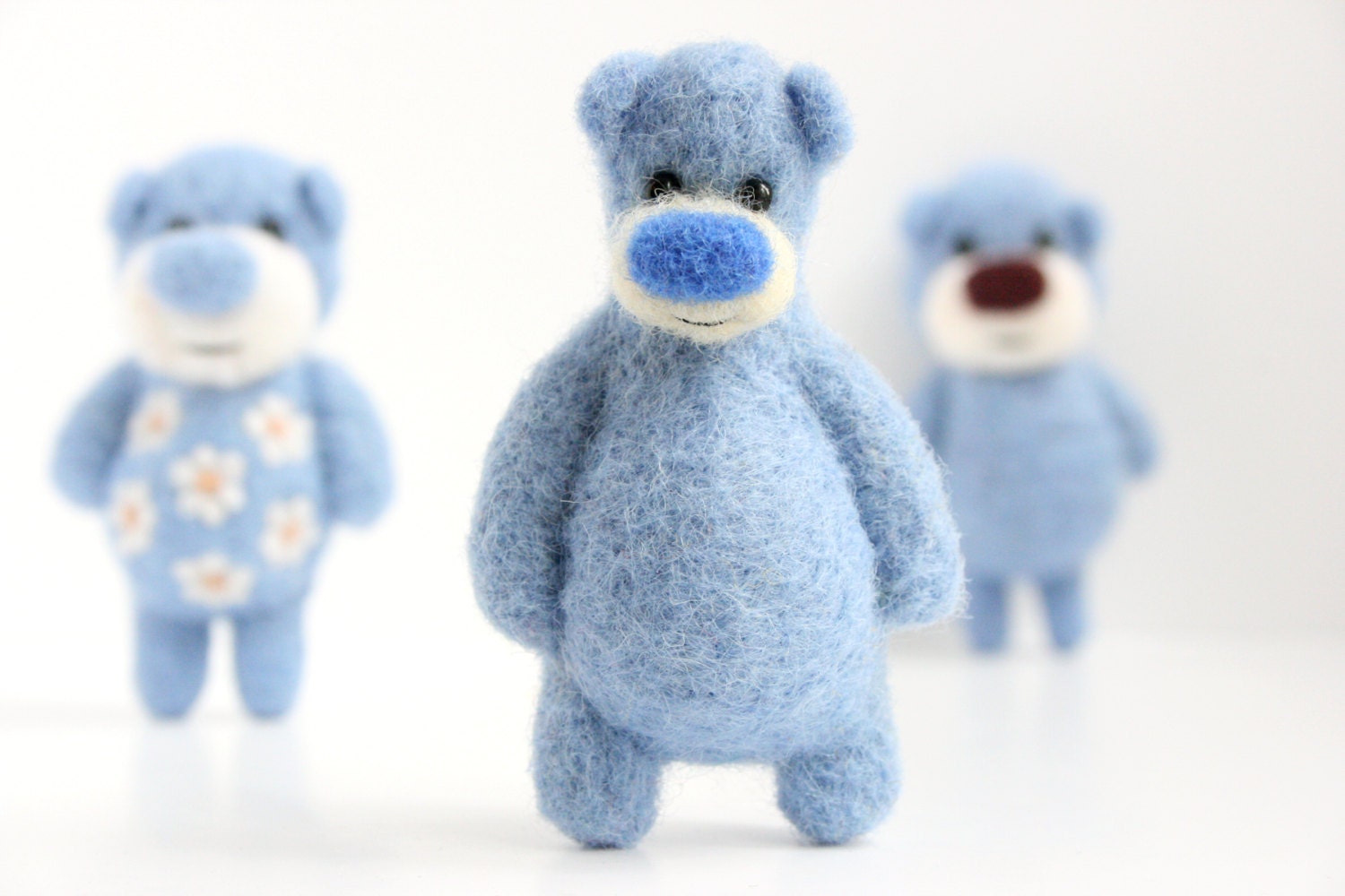 Felted blue miniature bear brooch