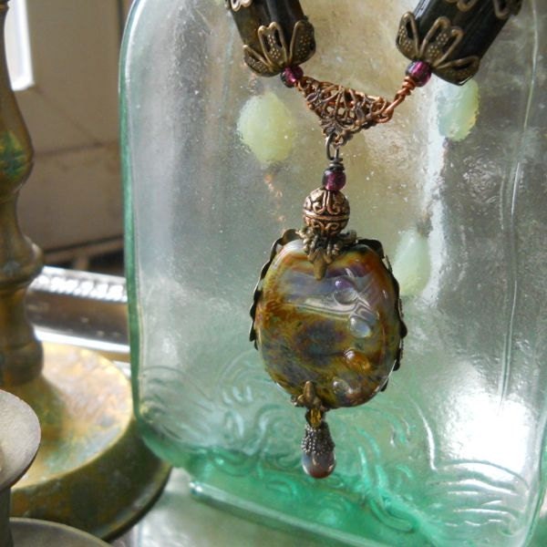 Filigree Wrapped Woodland LampWork Necklace