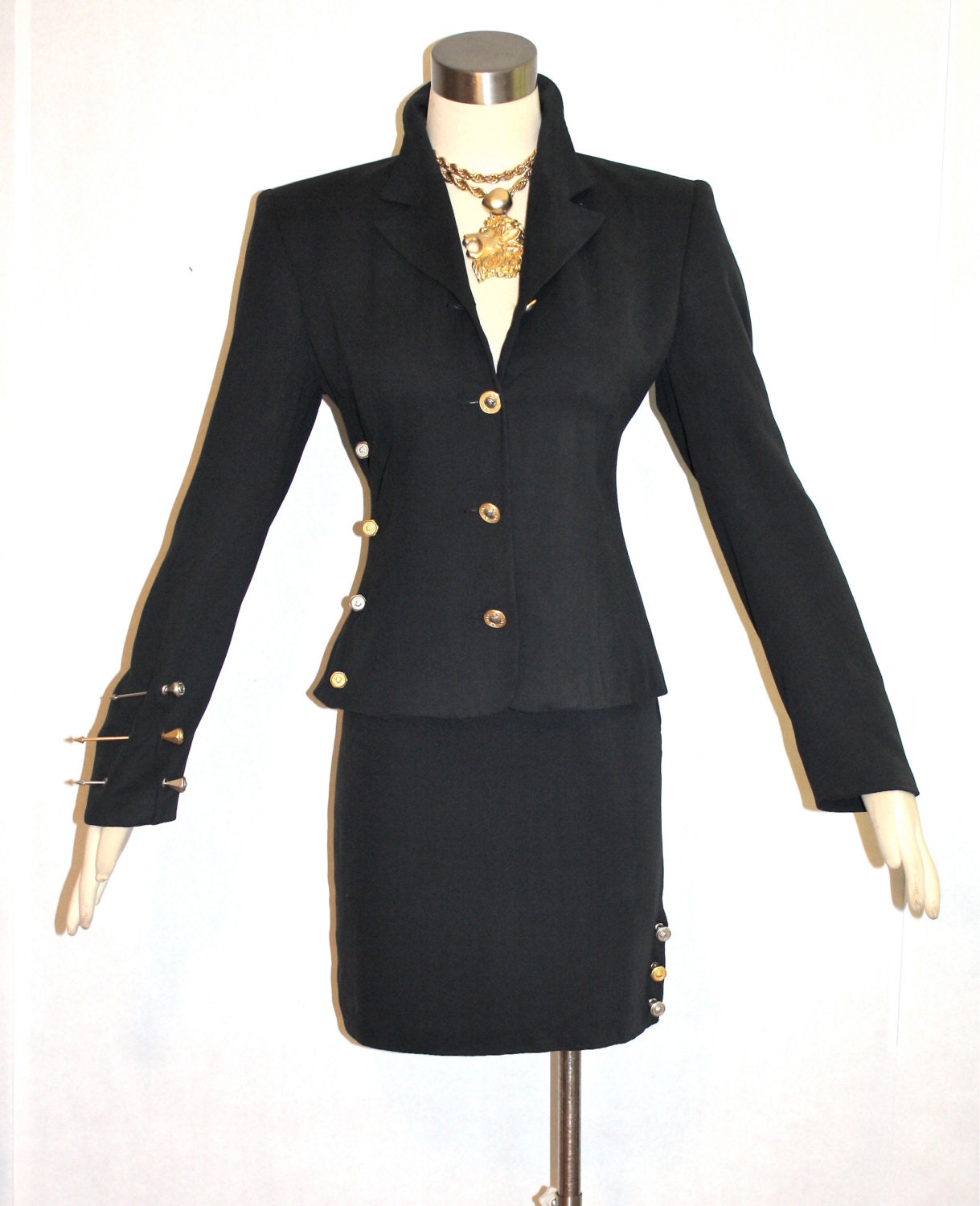 Vintage GIANNI VERSACE Jeans Couture Spike Suit Medusa Head Dagger Blazer Mini Skirt