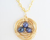 Birds Nest Necklace Gold Plated Navy Purple Freshwater Pearls