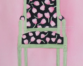 watercolor french chair pink tulips  archival print of original painting 8 x 10
