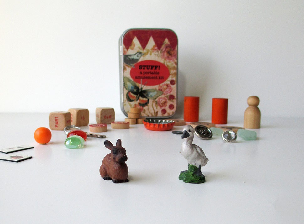 Creative learning set with small animal toys and other fun items for kids in a little box // travel toys // option to personalize