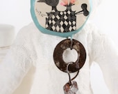 Clay and Metal Brooch Mixed Media - Bird, Flowers and a Key/ Blue and Pink