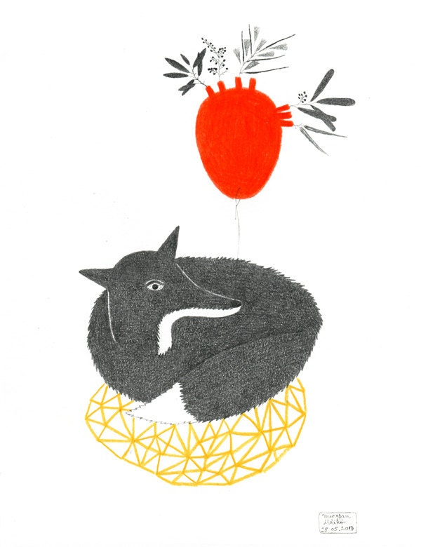 FOX PENCIL DRAWING / Original Fox Illustration / Fox and Love / My Heart is  in Bloom