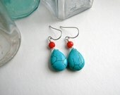 Turquoise and Coral Earrings.  YOUR CHOICE gold or silver.