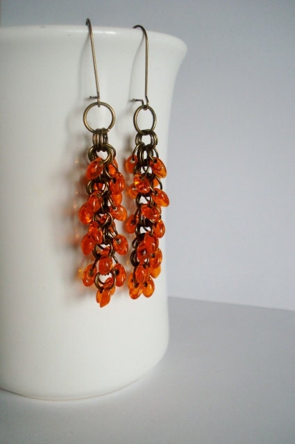 Orange dangle earrings, bohemian jewelry, chainmaille, boho earrings, luscious orange