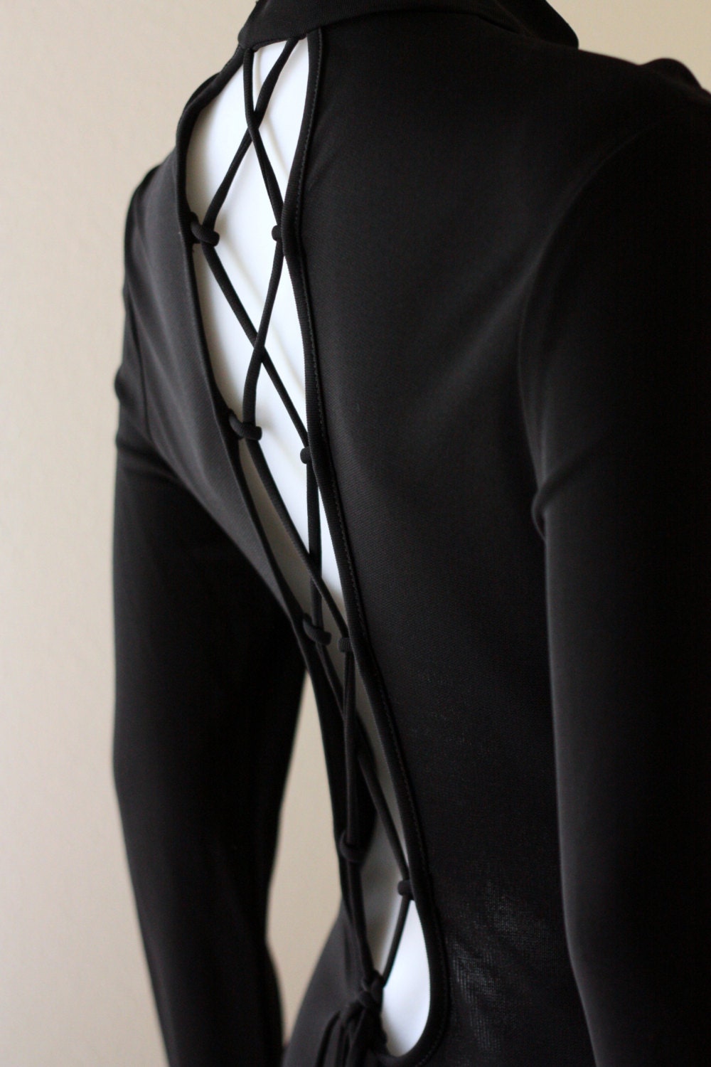 90s Black Rayon Body Con Dress w Cutout and Lace Up Back - Moda Intl - Sz S
