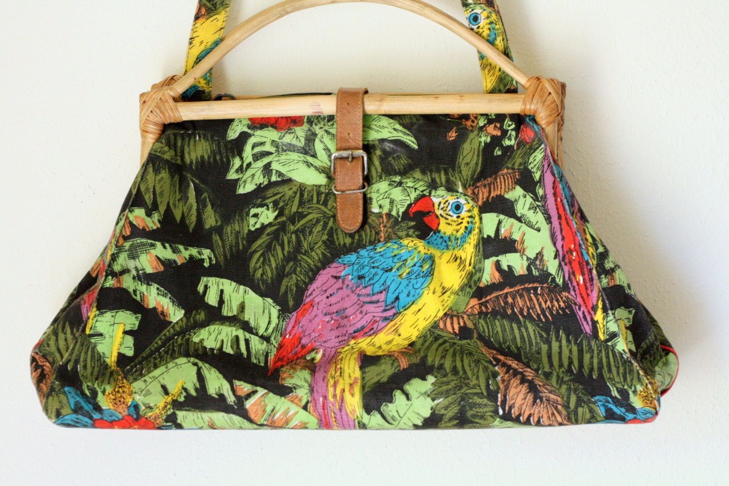 80s SUN 'N SAND Oversize Tote Satchel w Jungle Parrots and Bamboo Handles