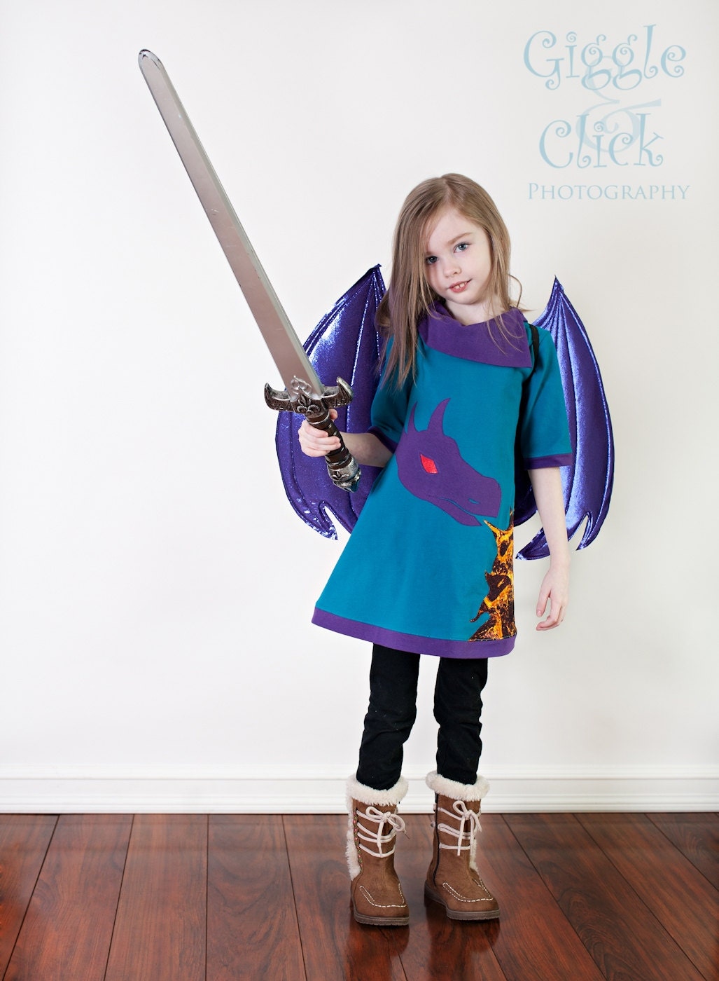 2 piece set, Dragon Wings and Fire Breathing Dragon Tunic or Dress, childrens clothing, girls dress, 2T, 3T, 4T, 5, 6, 7, 8, 10, 12, 14
