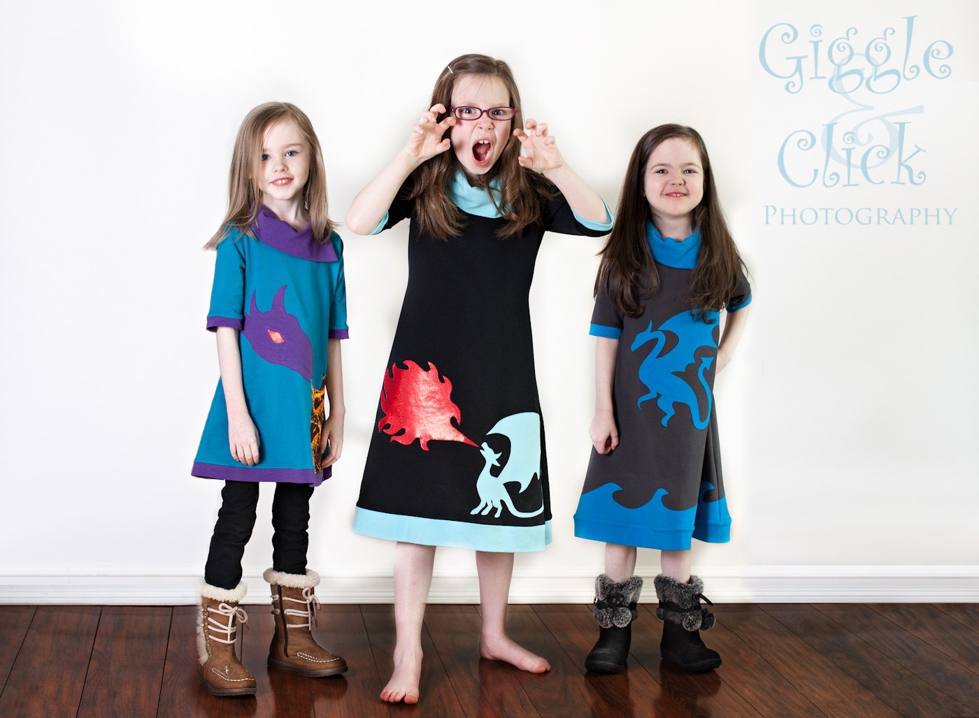 3 piece set, Three dragon dresses, childrens clothing, girls dress, 2T, 3T, 4T, 5, 6, 7, 8, 10, 12, 14