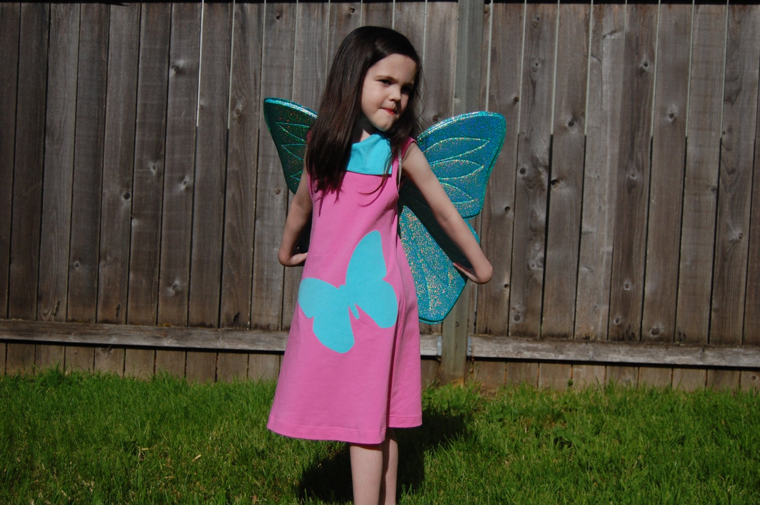 Size 5, Pink and Aqua butterfly dress, Sleeveless summer dress, girls dress, childrens clothing, Ready to Ship