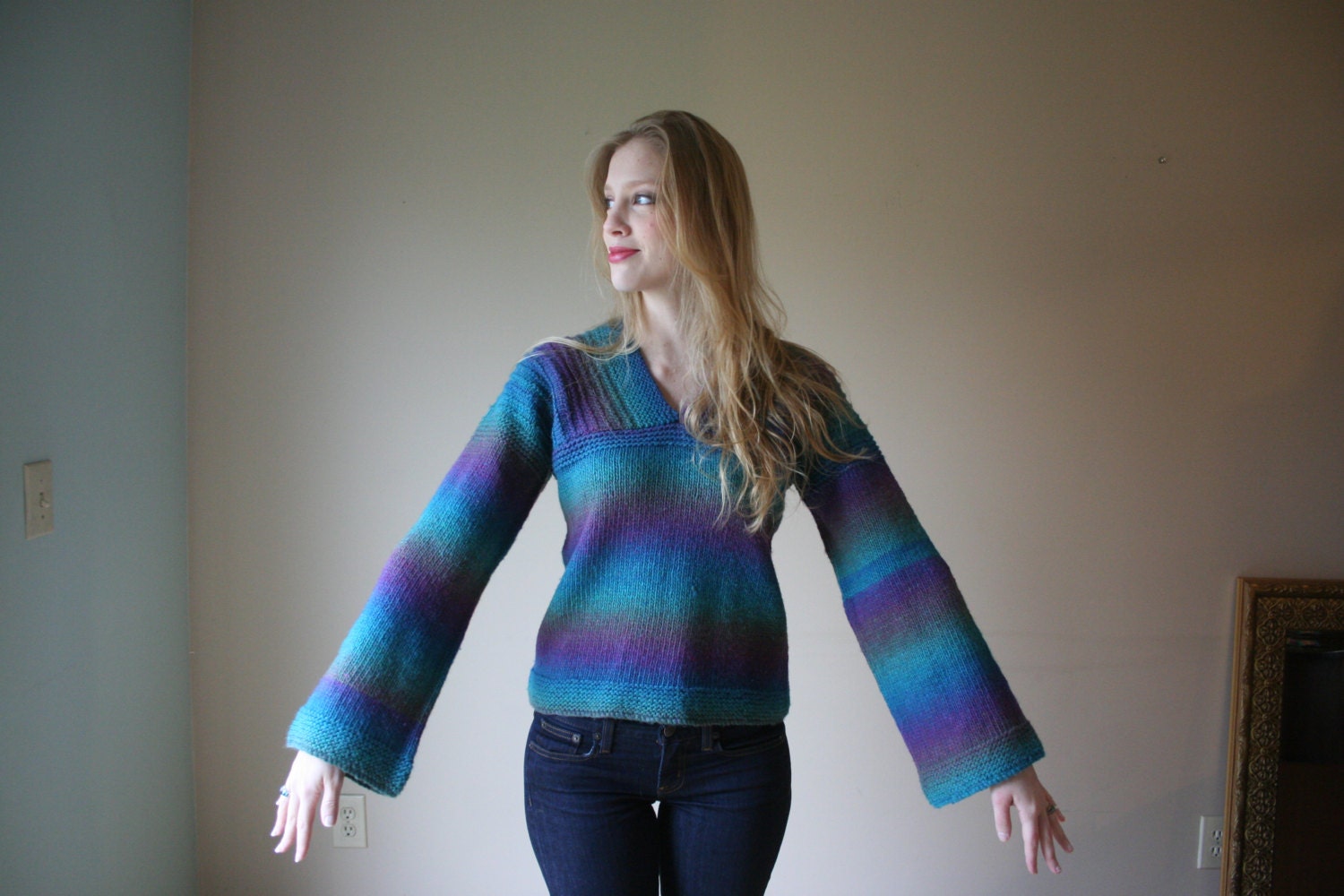 70s Bell Sleeve Ombre Sweater / Space Dye Thick Knit Top / Haute Hippie Sweater / Casual Fridays Top Size Small-Medium sm med md