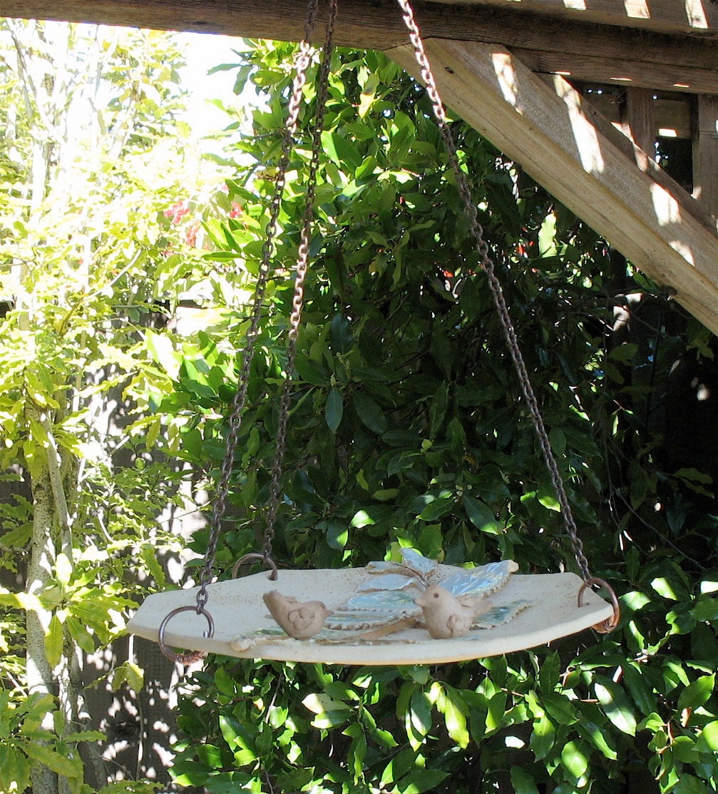 Hanging Bird Feeder with 2 Small Birds & Leaves - Hexagon Shape - Made with Real Leaf Spray