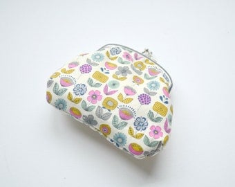 Small Clasp Pouch - Retro Flowers in Hot Pink, Yellow and Blue on Cream