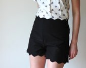 Black vintage inspired shorts -  high waisted with scalloped lace edge, short shorts retro style sweet pretty - medium