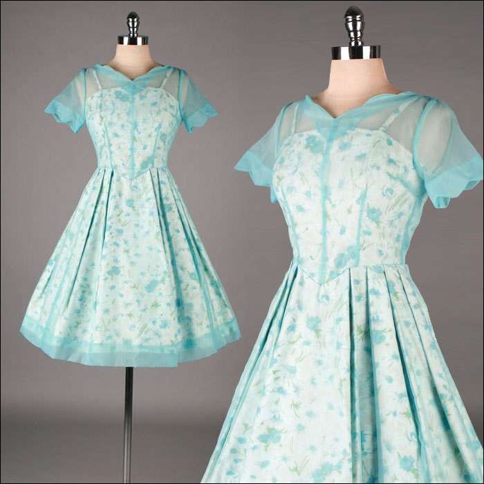 Vintage 1950s Dress . Blue Chiffon . Floral Illusion . 3131