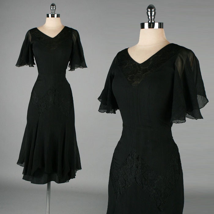 vintage 1930s dress . black silk crepe . flutter sleeves . 3097