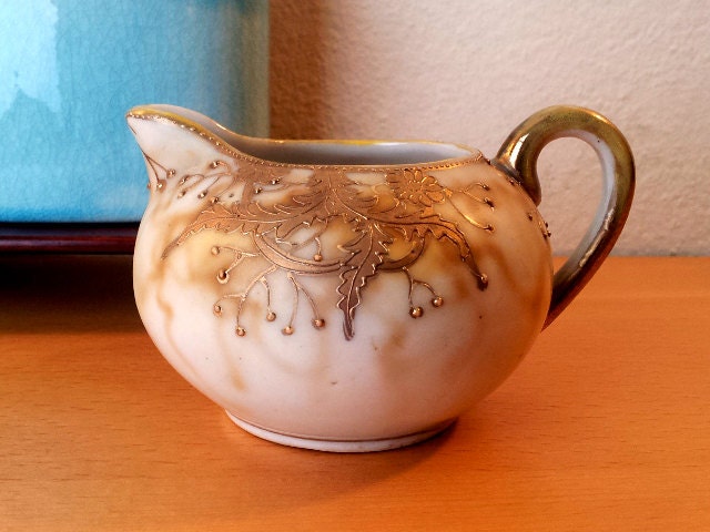 Antique Nippon Gold Moriage & Beading Hand Painted Porcelain Creamer