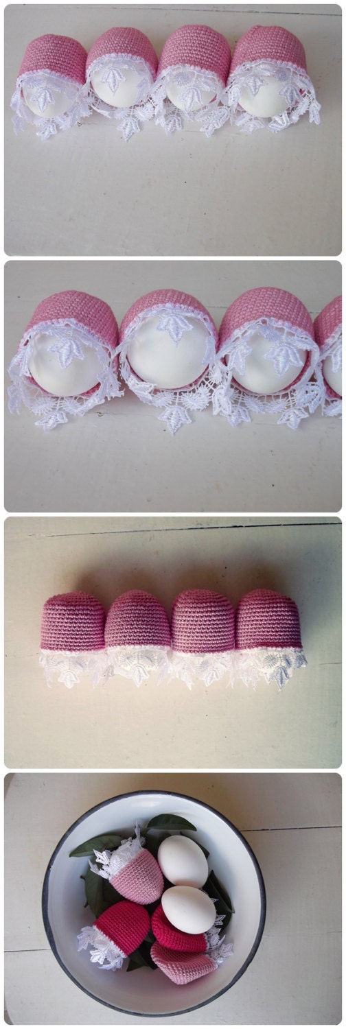 Funny BreakFast-Pink Easter Egg Cosy - Egg Warmers -Crochet and Lacely Trim -Set Of 4 Pastel Pink Fancy Cosies