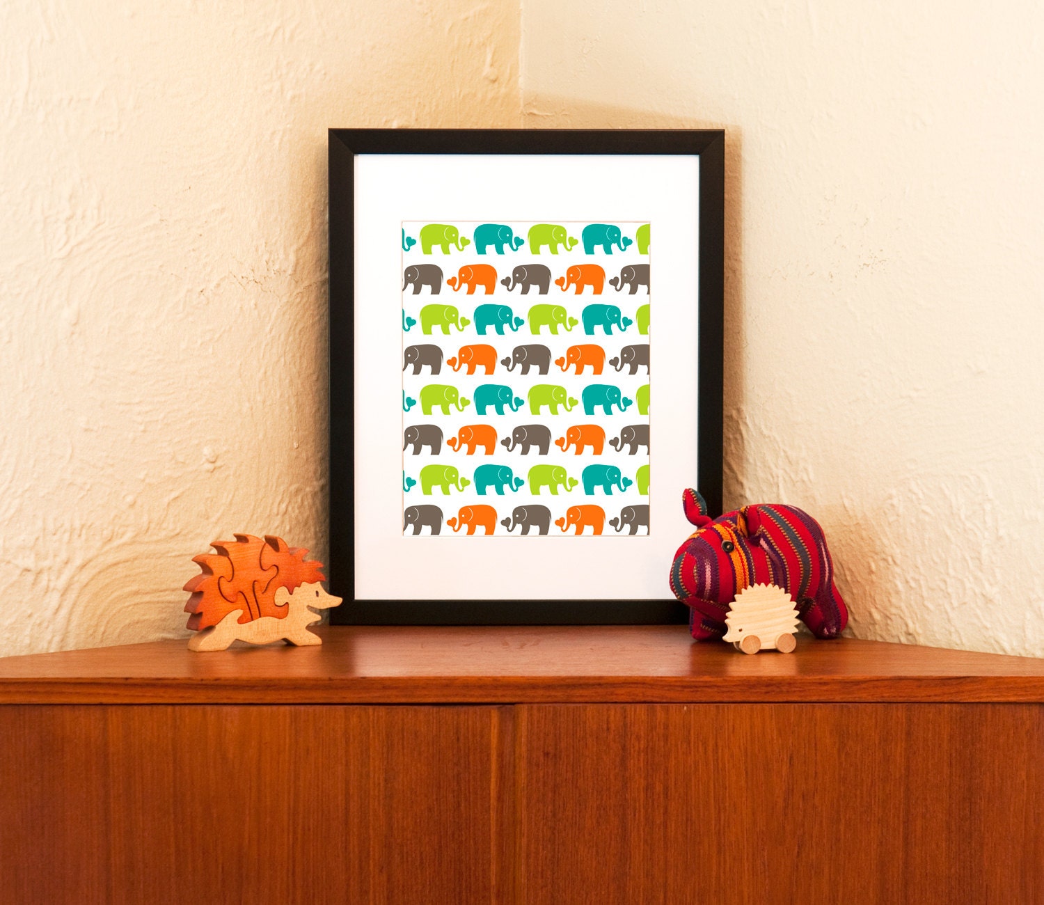 Herd of Elephants Print - Modern Nursery Decor in Orange, Green, Aqua & Grey - 100% Recycled Paper (Free Shipping in US)
