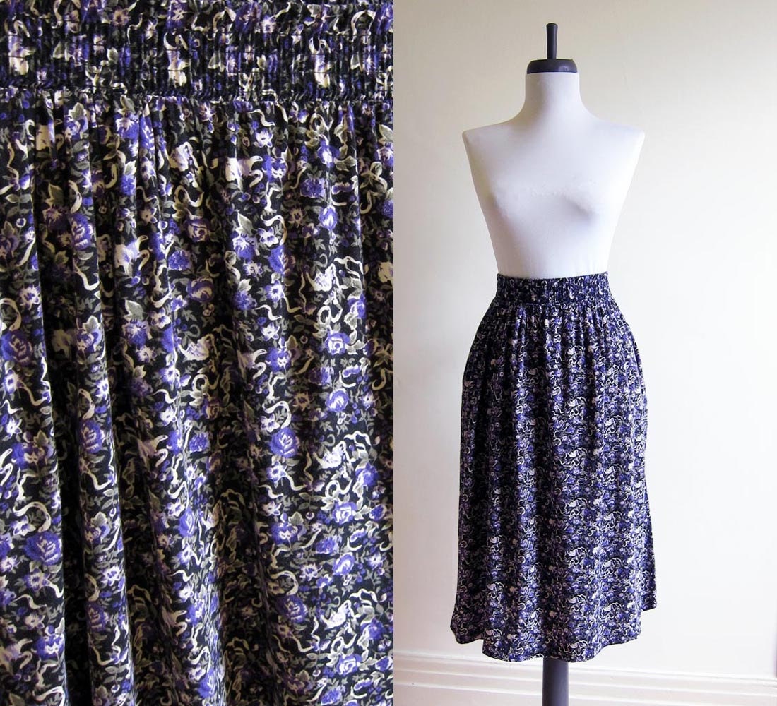 Vintage 1990s Skirt / Rayon Floral Purple and Green Full A-Line Midi Skirt / Size 18 Extra Large Plus Size