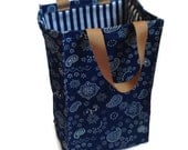 Reusable Lunch Bag- Vintage Fabric- Blue Paisley- Blue and White Striped Lining
